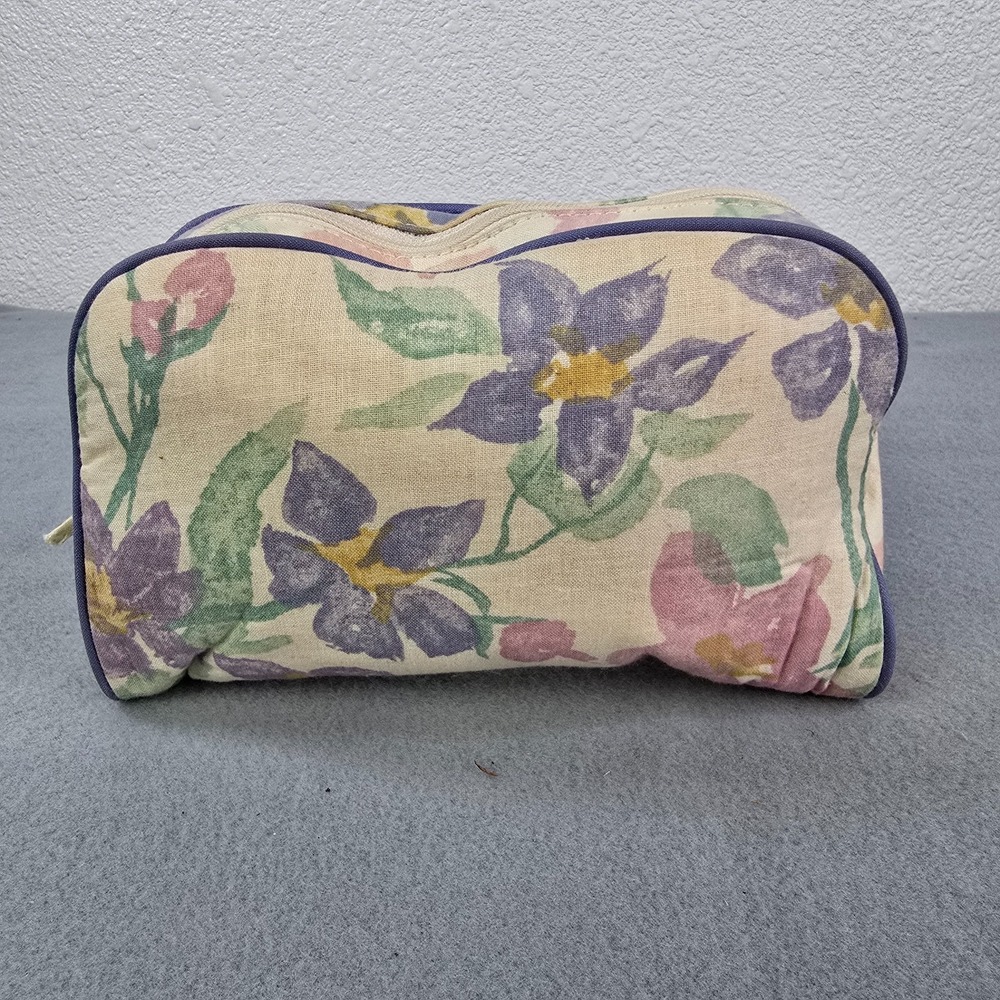 Vintage Womens Cosmetic Makeup Bag Multi Cotton Wildflower Piping Trim Zipper